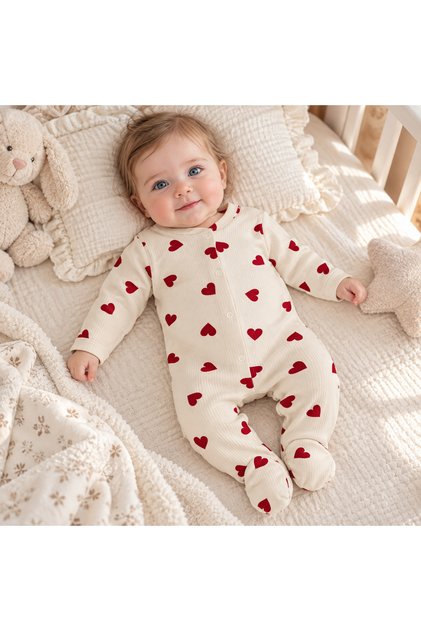 Heart-Patterned Corduroy Long Sleeve Baby Romper with Snap Fasteners - 100% Cotton
