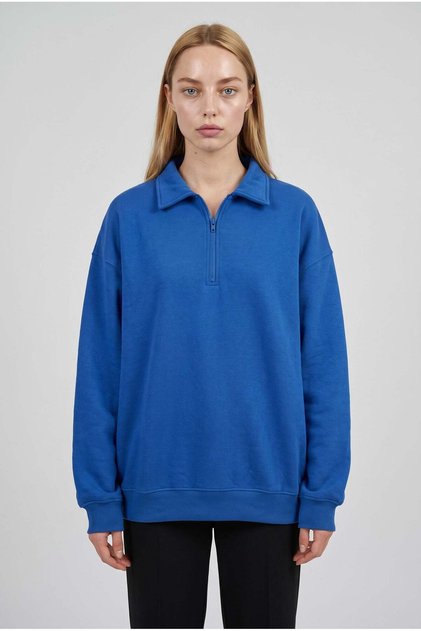 Women's Blue Half Zipper Polo Collar 3 Thread Fleece Ribbed Oversize Sweatshirt