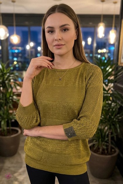 Women's Green Crew Neck Glittery Imported Thread Knit Lycra Thin Knitwear Blouse with Accessory on the Sleeve End