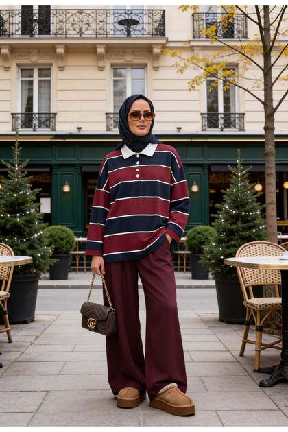 Lora Polo Collar Striped Oversize Two-Piece Set Claret Red