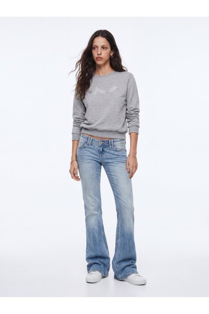 Regular Fit Sign Printed Crew Neck Gray Sweatshirt