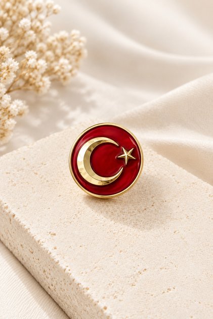 Altın Rengi Ay Yıldız Yaka Rozeti Türk Bayrağı Broş