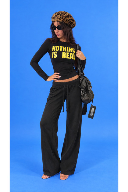 Nothing Is Real Printed Black Women's Long Sleeve Crew Neck Slim Fit T-Shirt