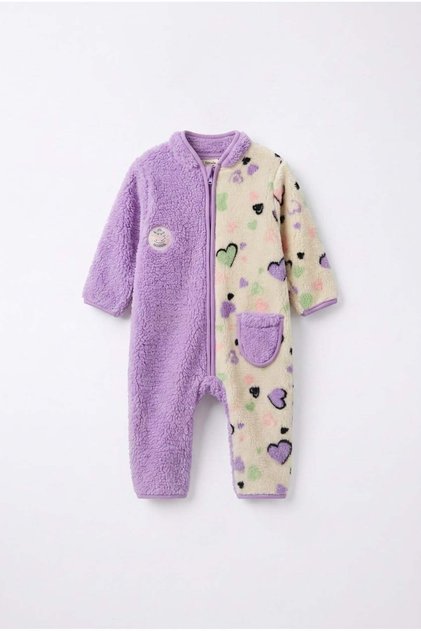 Baby Plush Heart Patterned Purple Zippered Jumpsuit