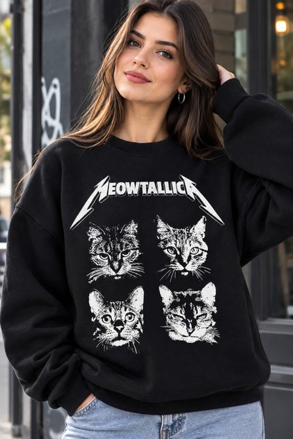 Meowtallica Kedi Baskılı Siyah Oversize Sweatshirt 🐱🎸