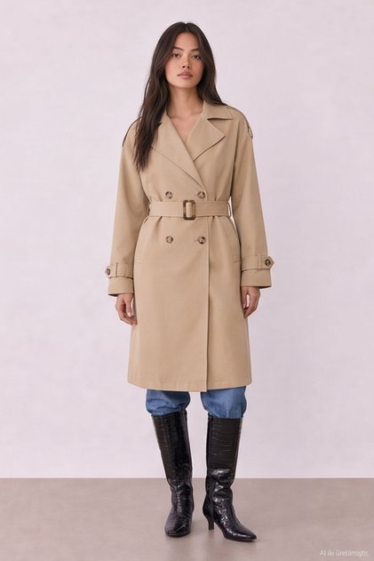 Women's Trench Coat with Tie Detail Trc02810 Beige