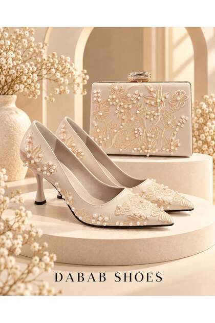 Vianel Women's Beige Floral Embroidered Pearl Detailed Pointed Toe 7 cm Goblet Heeled Stiletto Shoes and Evening Dress Bag