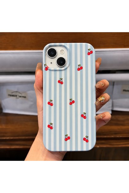 Cute Phone Case with Cherry Pattern and White Stripes, Compatible with iPhone 13 / 14 / 15