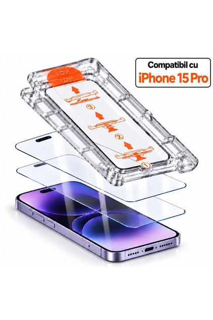 Folie de Protectie Ecran, Flippy, pentru iPhone 15 Pro, Privacy, cu Kit de Aplicare Antipraf, Sticla Securizata, 14 x 7 cm, Transparent