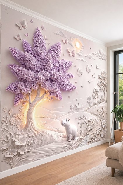 Lila Çiçekli Ağaç, Sevimli Hipopotam ve Kabartma Desenli Tek Parça Tekstil Duvar Kağıdı