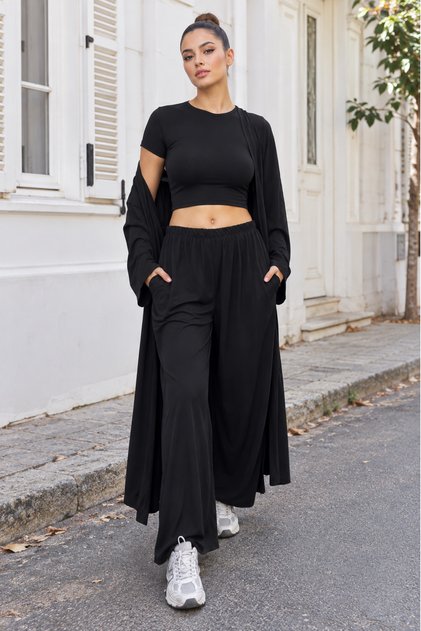 Women's Short Sleeve Crop Pants Long Cardigan Three-Piece Set