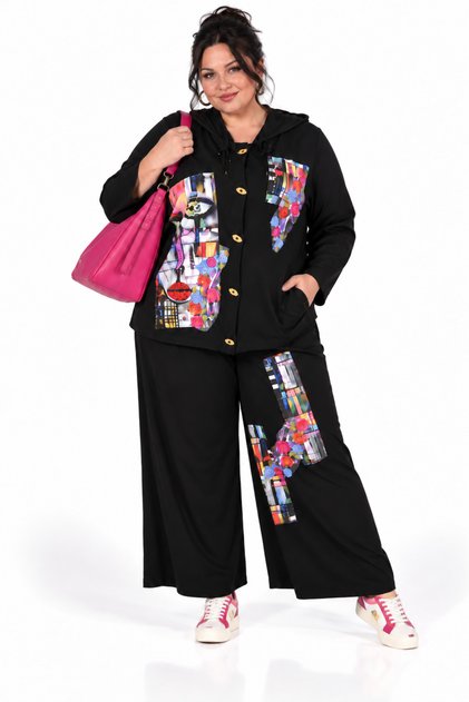 Darkwin Large Size Women's Black 52-54 Size Picasso Patterned Hooded Buttoned Wide Leg Bottom Top Set