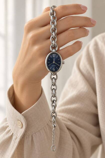Women's Silver Color Chain Cord Navy Blue Dial Oval Case Vintage Stylish Analog Wristwatch