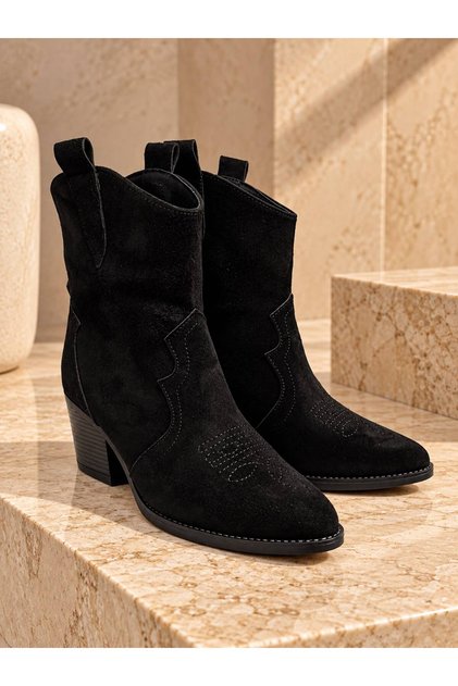 Women's Black Suede Embroidered Pointed Toe Thick Heeled Western Cowboy Boots
