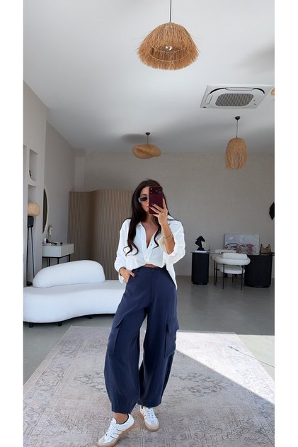 Navy Blue Tok Tensel Fabric Cargo Pocket Trousers