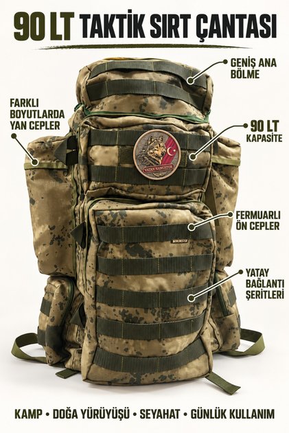 90 Lt Tactical Backpack Khaki Camouflage Patterned Multi-Pocket Military Outdoor Model