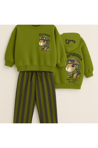 Cute Animal Printed Green Color Unisex Kids Sweatshirt - Jogger Bottom and Top Set