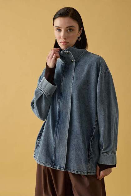 Buz Mavi Dik Yaka Denim Ceket