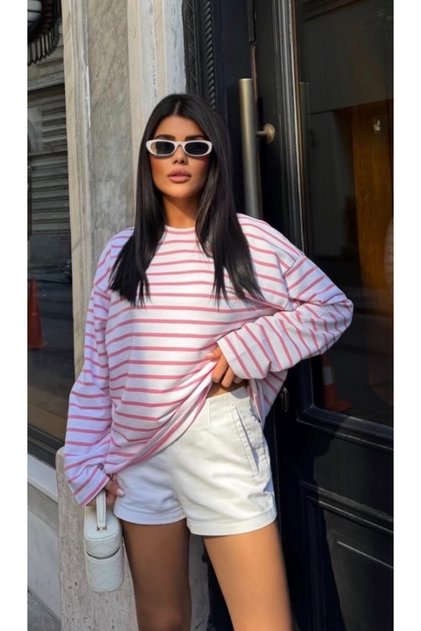Kadın Bisiklet Yaka Çizgili Sweatshirt