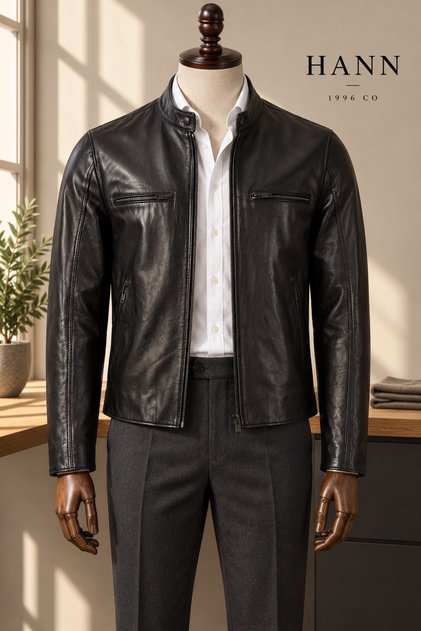 Erkek Hakiki Kuzu Derisi Siyah Slim Fit Dik Yaka Cafe Racer Ceket
