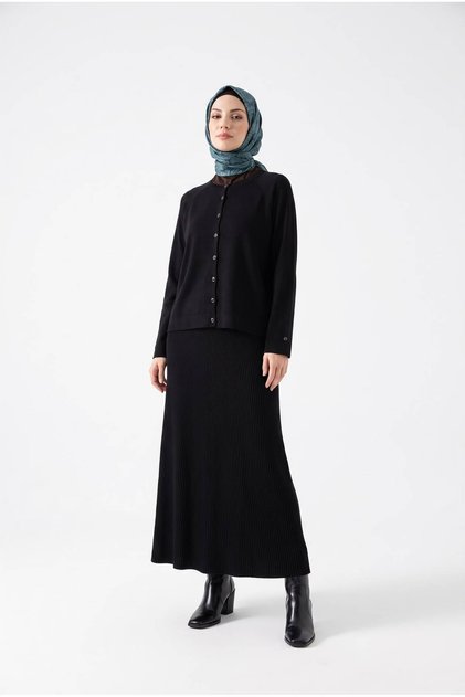 Trendy Raglan Sleeve Buttoned Cold Yarn Full Fit Skirted Knitwear Set