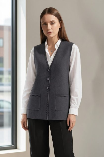 Short Sleeve Patterned Vest with Pockets and Buttons, Plus Size Vest