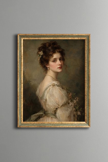 Portrait of Woman with Pearl Necklace - Vintage Patterned Painting - Slim Model