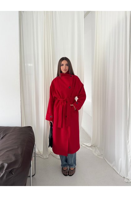 Women's Stand Collar Belted Waist Tie Buttoned Oversize Seasonal Long Trench Coat