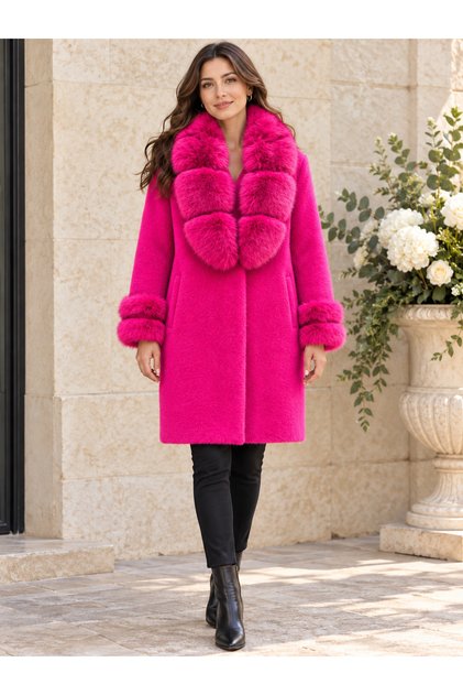Women's Fur-Trimmed Cashmere Angora Fabric Belted Coat with Pockets 42-48