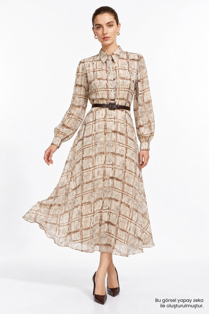 Belted Lined Long Sleeve Regular Midi Dress
