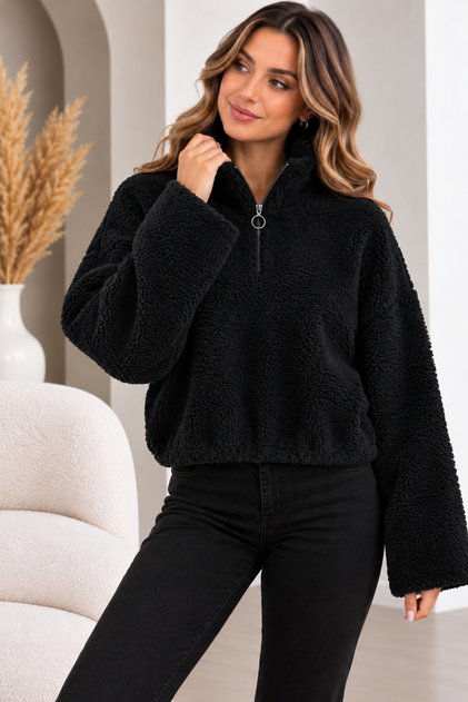 Women's Plush Fleece Sweatshirt with Half Zipper, High Collar, Cropped Winter Model