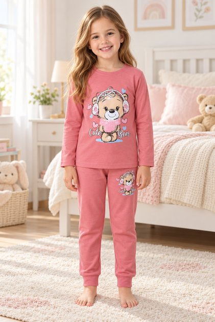 Girls' Pajama Set, 100% Cotton, Long Sleeve, 30/1 Combed Single Jersey, Dusty Rose