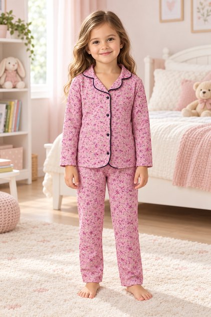 Girls' Pajama Set, 100% Cotton, 30/1 Combed Single Jersey, Front Buttoned, Long Sleeve, Pink & Black Piping
