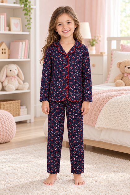 Girl's Pajama Set, 100% Cotton, 30/1 Combed Single Jersey, Front Buttoned, Long Sleeve, Navy Blue & Red Piping