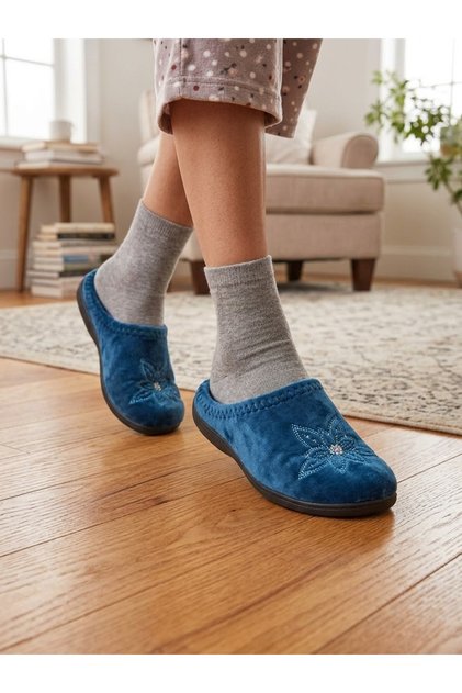 Embroidered Patterned Plush Lined Indoor House Slippers Soft Non-Slip Sole