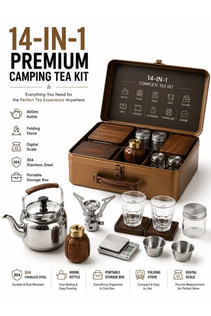 Denx Portable Camping Tea Set 14-Piece with 800ml Stainless Steel Kettle, Outdoor Tea Brewing Kit