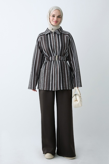 Striped Belted Bitter Brown Suit