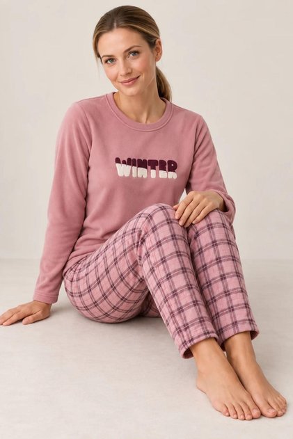Women's Plaid Pattern Lycra Thermal Comfortable Fabric Rose Long Sleeve Pajamas Set