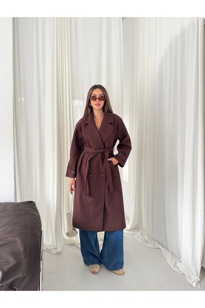 Women's Double-Breasted Collar Belted Waist Tie Buttoned Oversize Winter Long Cashmere Coat
