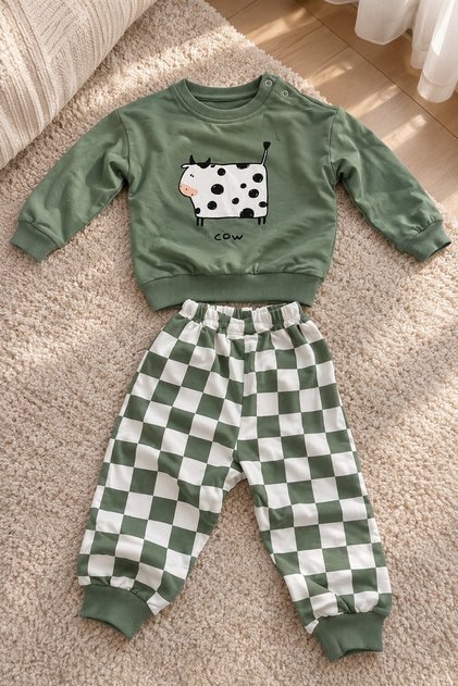 Baby Boy Set with Cow Print and Checkered Pattern Square Trousers, 2-Piece Seasonal Set