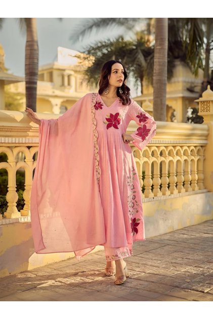 Baby Pink Floral Embroidered Palazzo Suit Set - HRT9000 | Baby Pink-Size:2XL-44-Inches