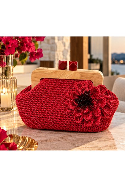 Women's Red Floral Appliqué Lined Hand Knitted Wooden Scholar Clutch Portfolio Bag