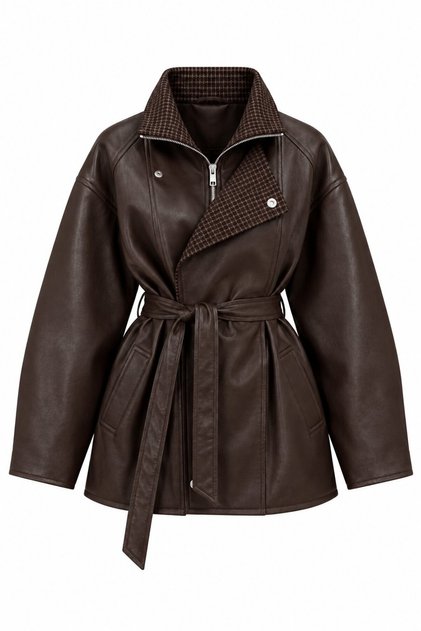 Dark Brown Plaid Embellished Leather Jacket - 9841