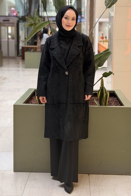 Fuat Gürşen Medium Length Angora Coat with Pearl and Stone Embellishments