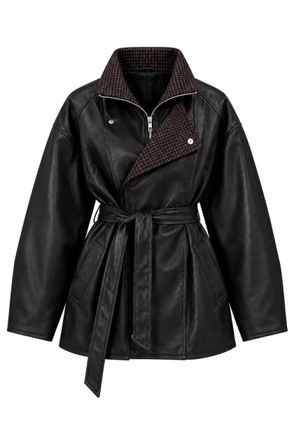 Black Plaid Embellished Leather Jacket - 9841