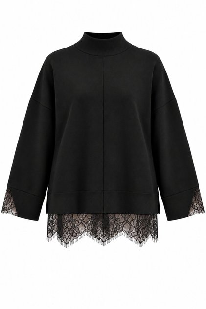 Black Half-Fisherman Cuff Lace Hem Sweater - 0136
