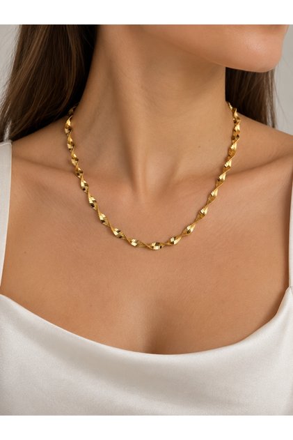 Çelik Kolye 14K Altın Renginde Rodyum Kaplama Arası Açık Burgu Zincir 45 Cm