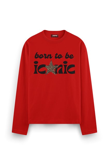 Born to Be Iconic Printed Long Sleeve Oversize Fit T-Shirt Red