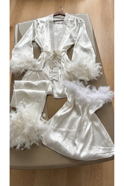 Boxed 3-Piece Pajama Set in Feathered Satin Jacquard