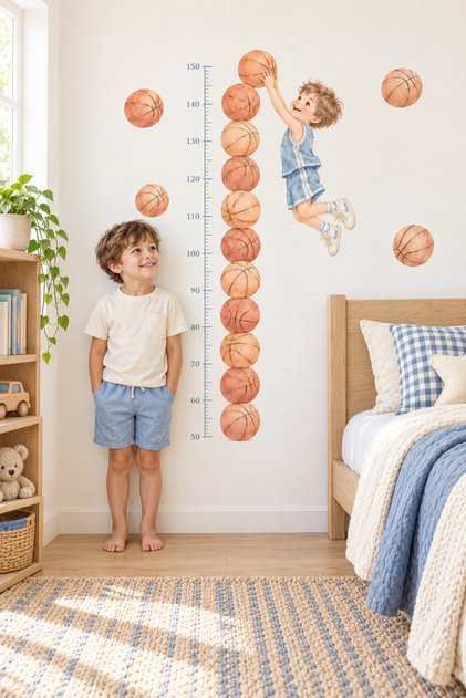 Basketball Player Child Height Measuring Wall Sticker Basketball Balls Themed Kids Room Decoration